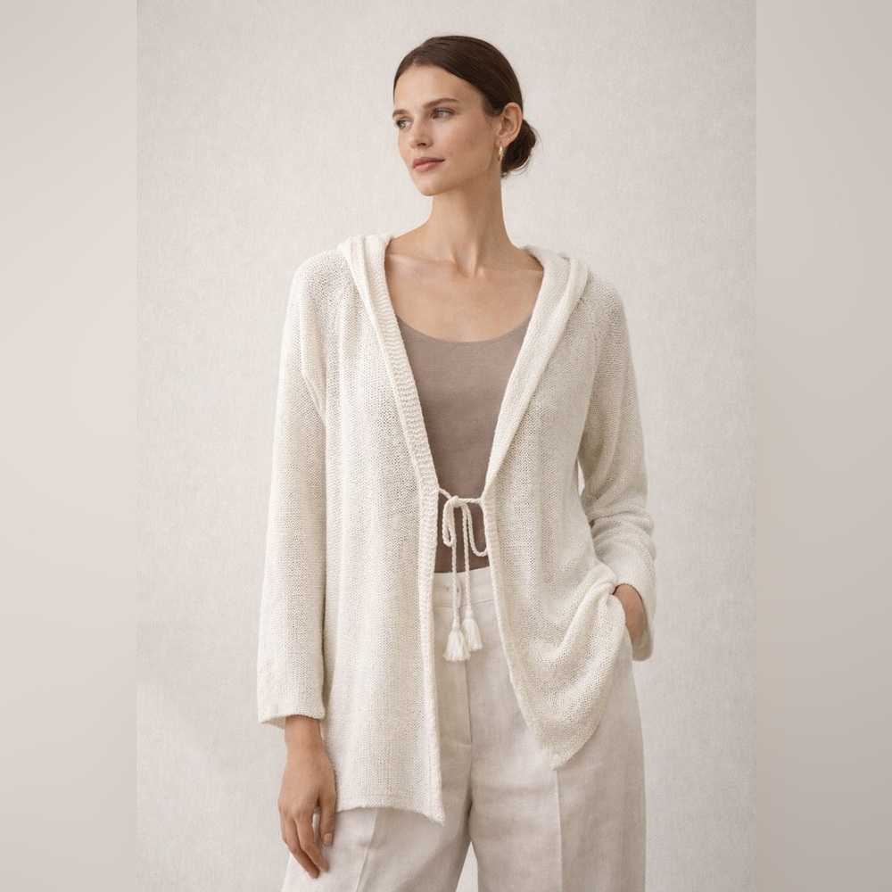 J. Jill Cream Open-Front Hooded Cardigan with Tassel Tie